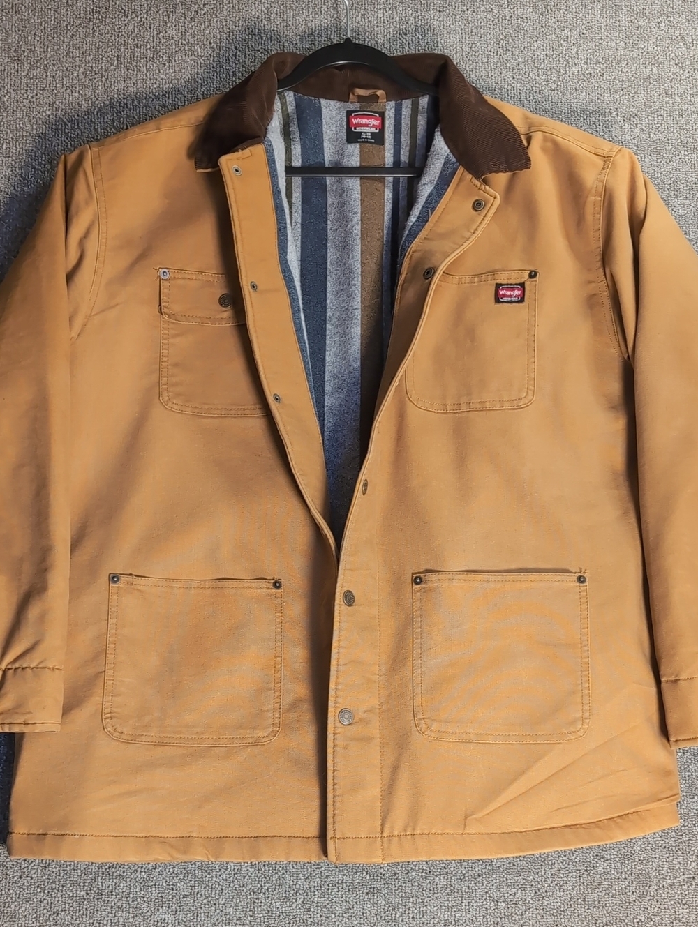 Wrangler Blanket Lined Canvas Chore Jacket Snap Front Corduroy Collar Size XL